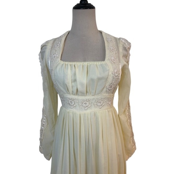 Vtg Gunne Sax Maxi Dress Butter Yellow Cream Long Sleeve Embroidered Lace Sz 9 - Picture 2 of 12